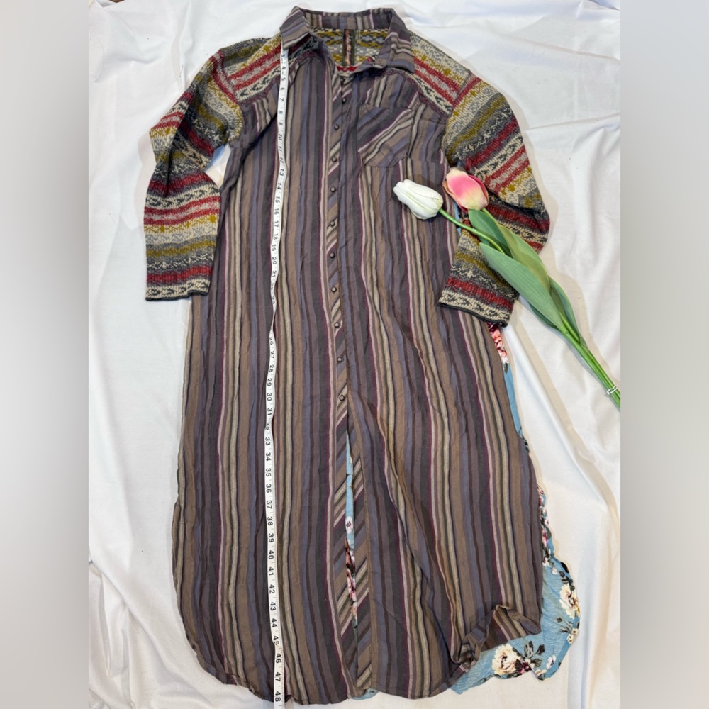 Aratta Silent Journey Maxi Boho Shirt Dress in a multicolored striped
